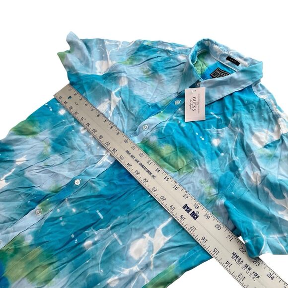 GUESS Shirt Mens L Blue Slim Fit Submerged Button-Up Short Sleeve Tropical Beach - Picture 5 of 10